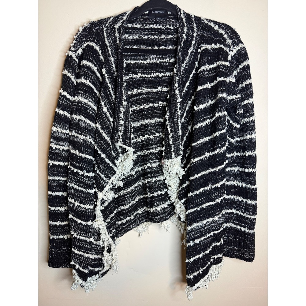 La Fee Verte Anthro Womens L Black White Fringe Cardigan Boho Knit Fringe